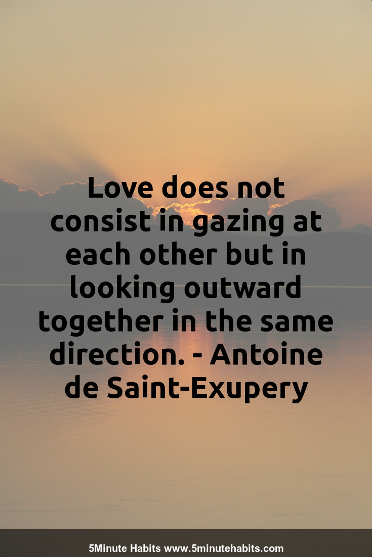 Love does not consist in gazing at each other but in looking outward together in the same direction. - Antoine de Saint-Exupery